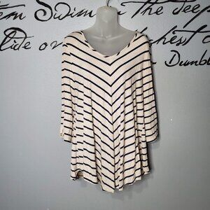 Fringe Benefits Navy & Cream Striped Flared Crochet Sleeve Top, 1X